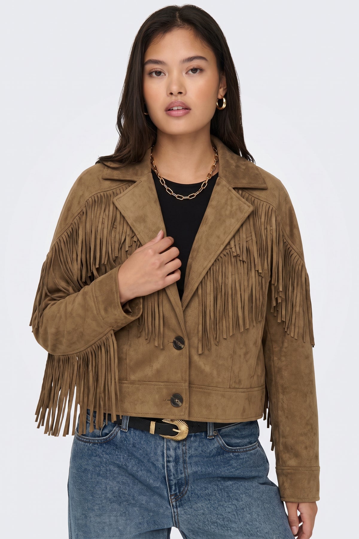 Faux Suede Jacket Tan Fringed Western worn on model
