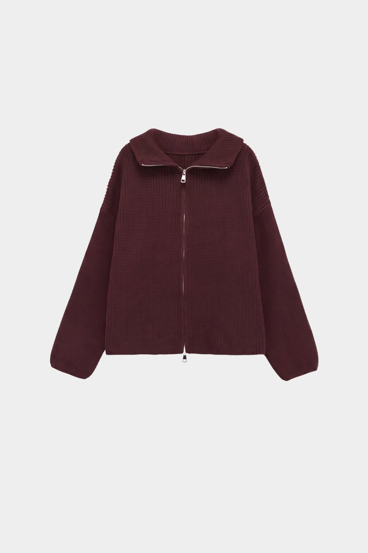 Burgundy knitwear and outerwear piece, flat product shot, front
