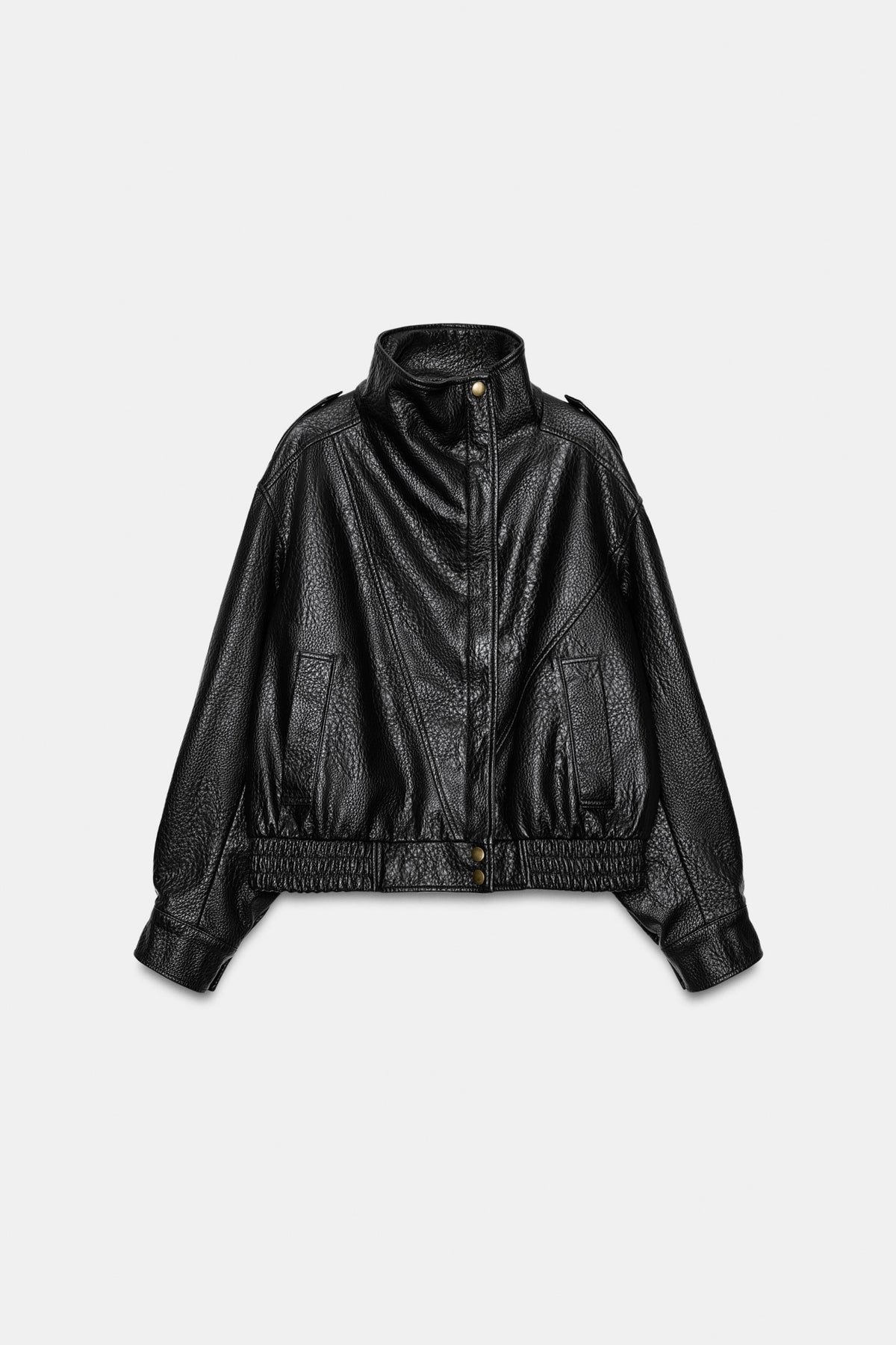 Faux Leather Jacket Black Bomber Cropped, front