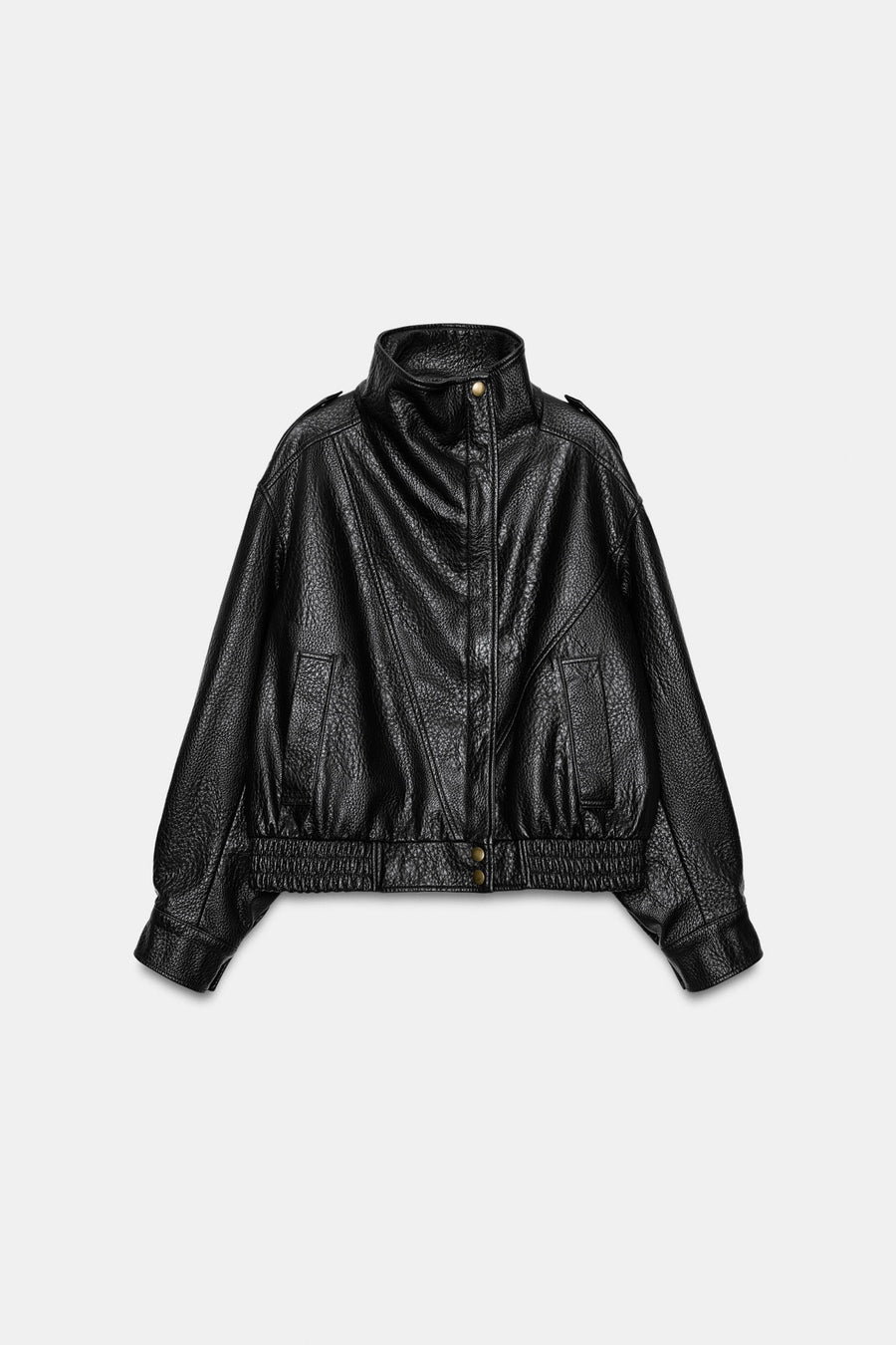 Faux Leather Jacket Black Bomber Cropped, front