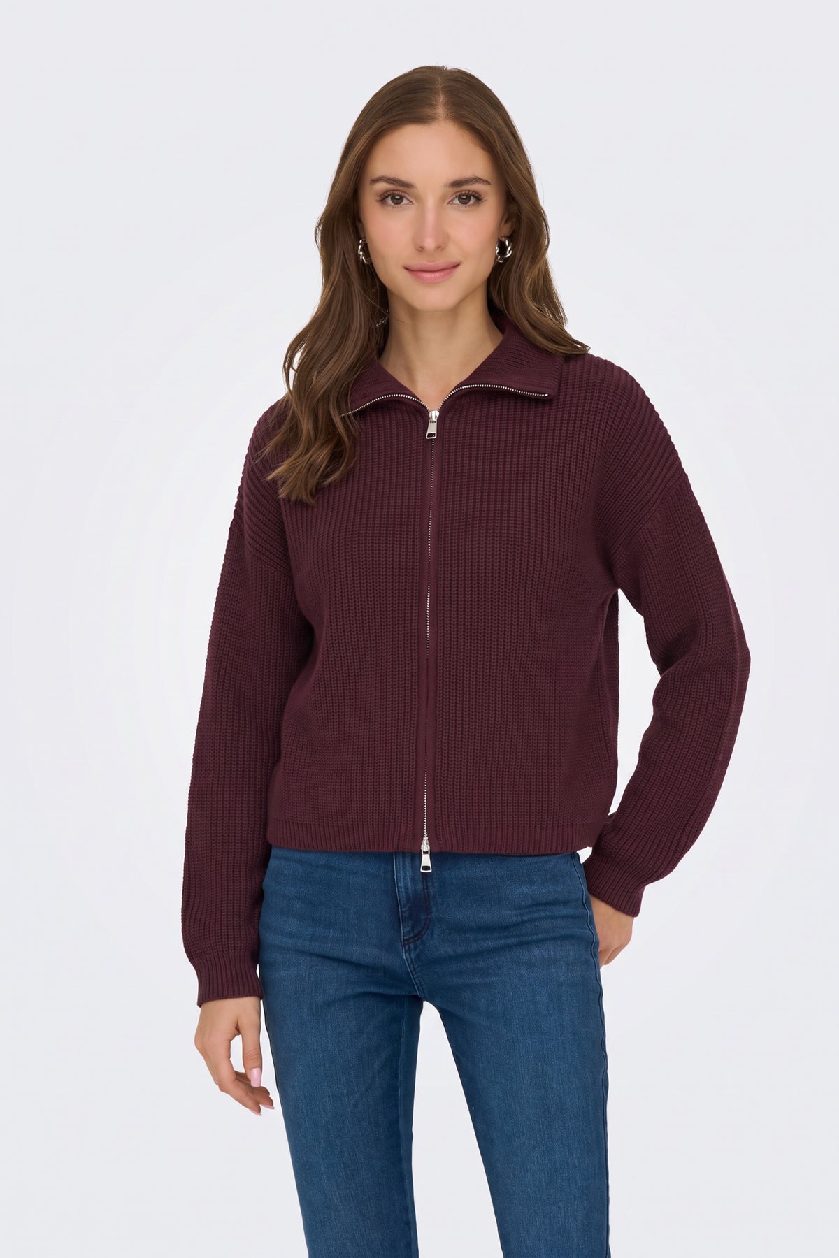 Burgundy piece worn on model, front view