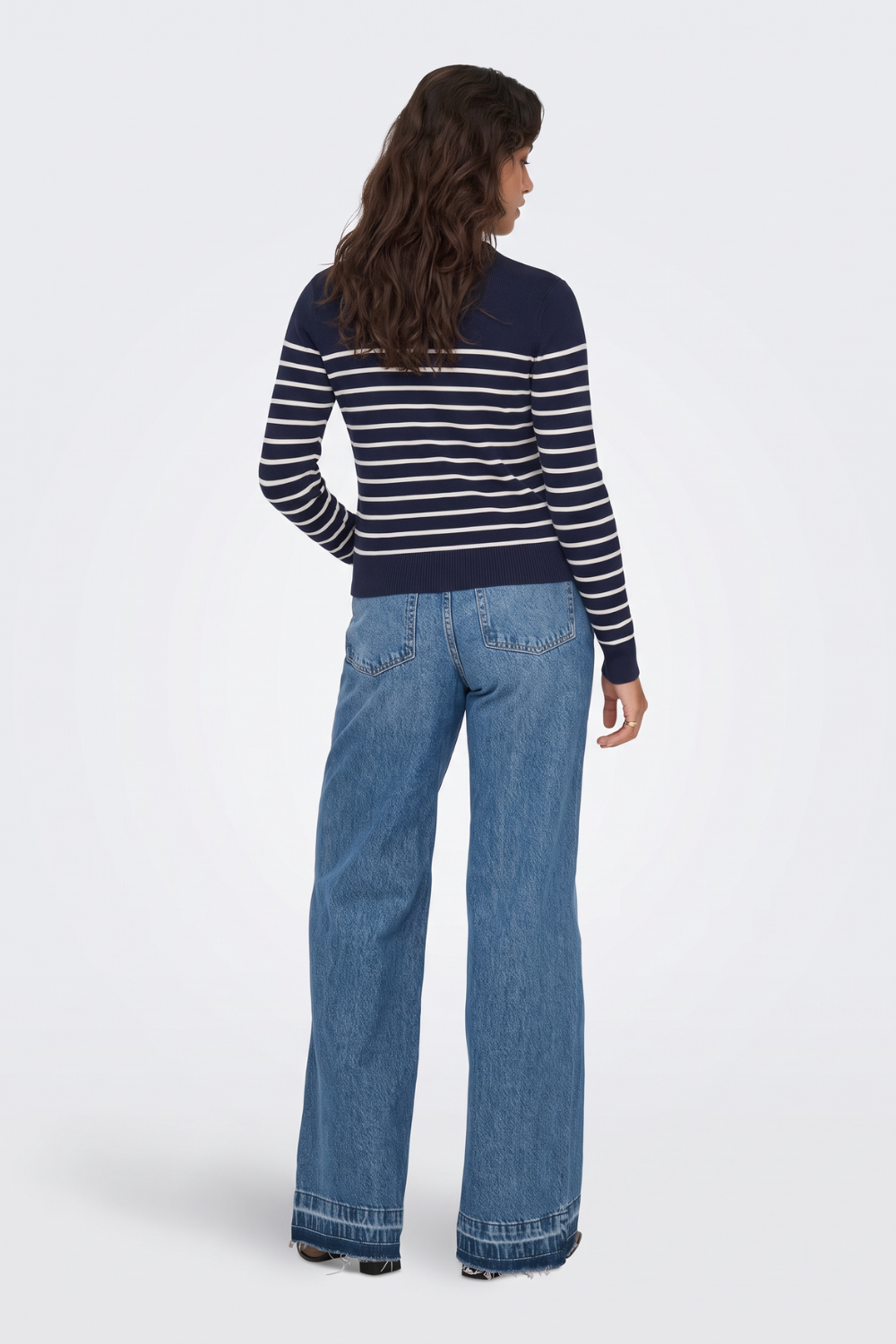 Navy breton striped jumper back view on model