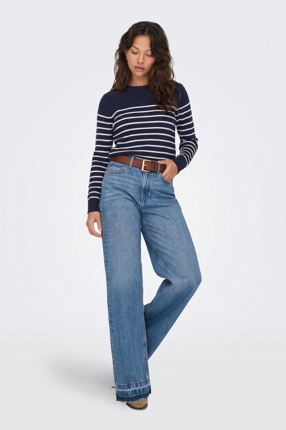 Navy breton striped jumper with wide-leg jeans, full length on model