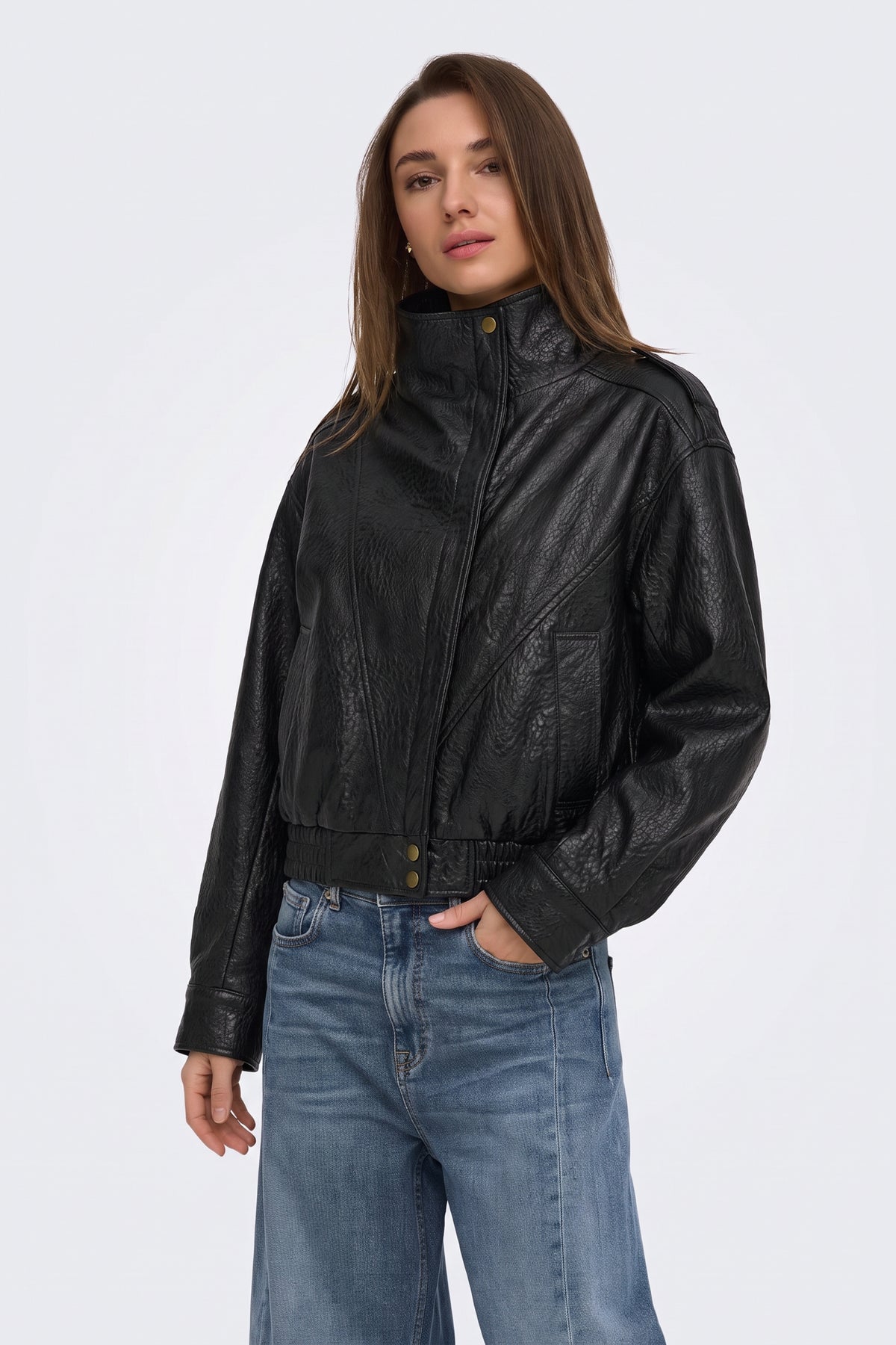 Faux Leather Jacket Black Bomber Cropped on model, front view