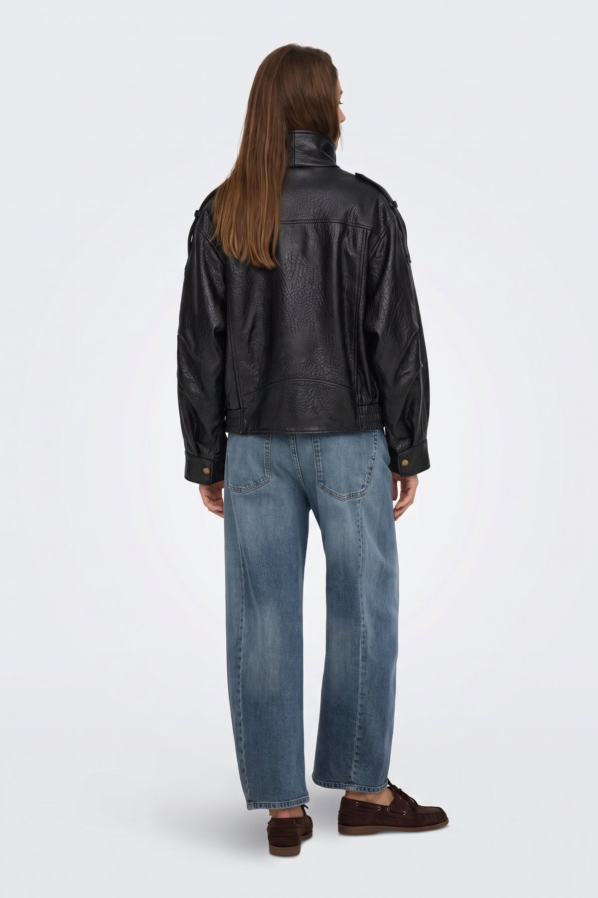 Faux Leather Jacket Black Bomber Cropped back view on model