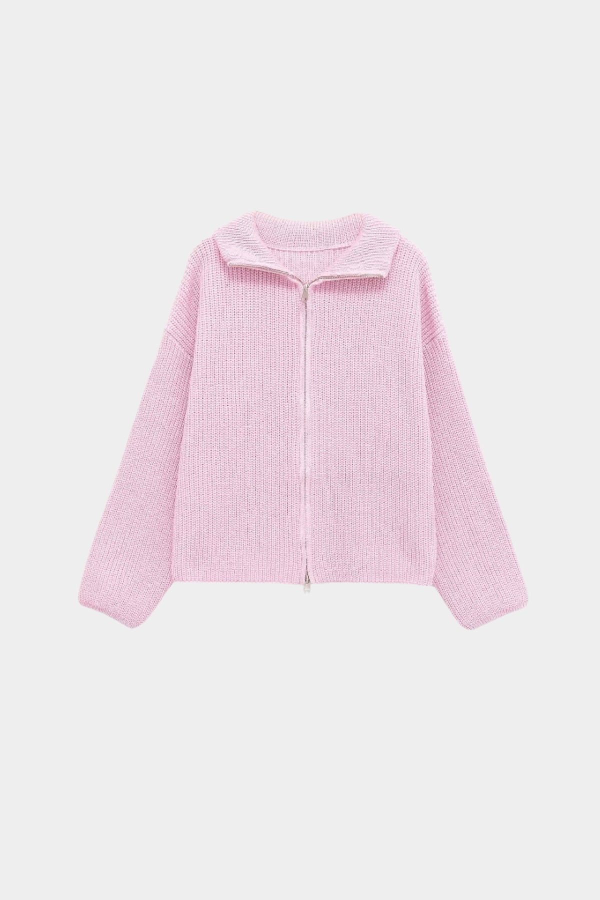 Pink knitwear and outerwear piece, flat product shot, front