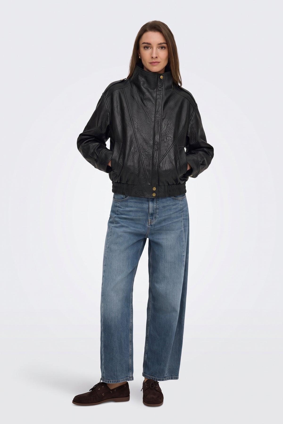 Faux Leather Jacket Black Bomber Cropped full length on model