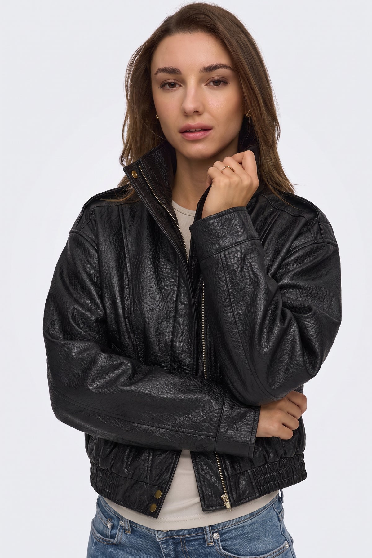 Faux Leather Jacket Black Bomber Cropped fabric and fastening detail