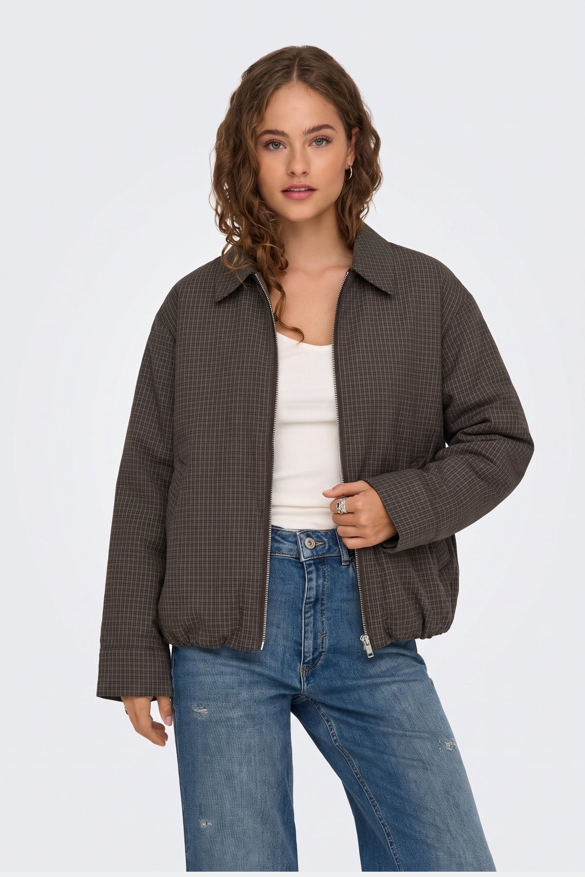 Brown Bomber Jacket Check Funnel Neck on model, front view