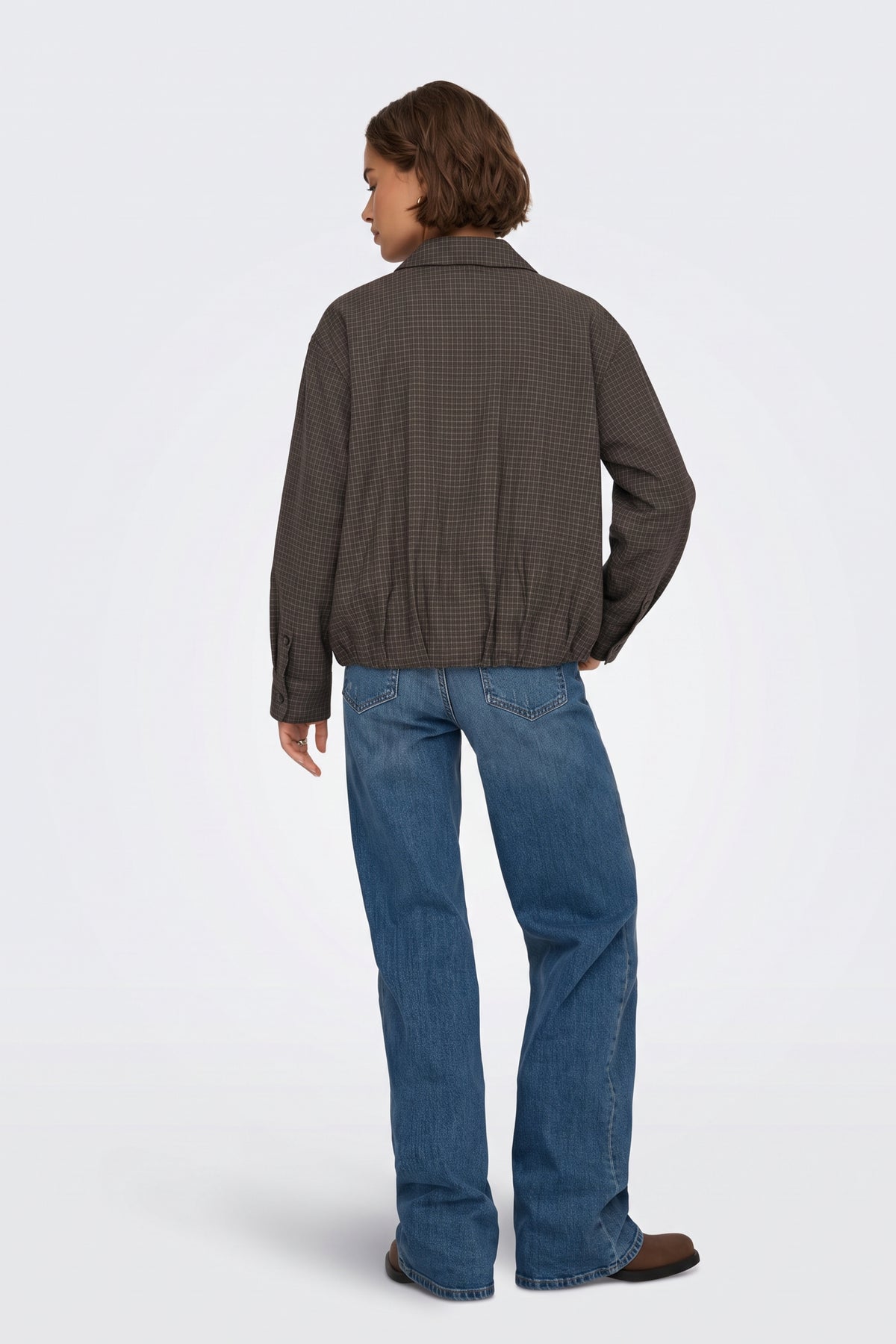 Brown Bomber Jacket Check Funnel Neck back view on model