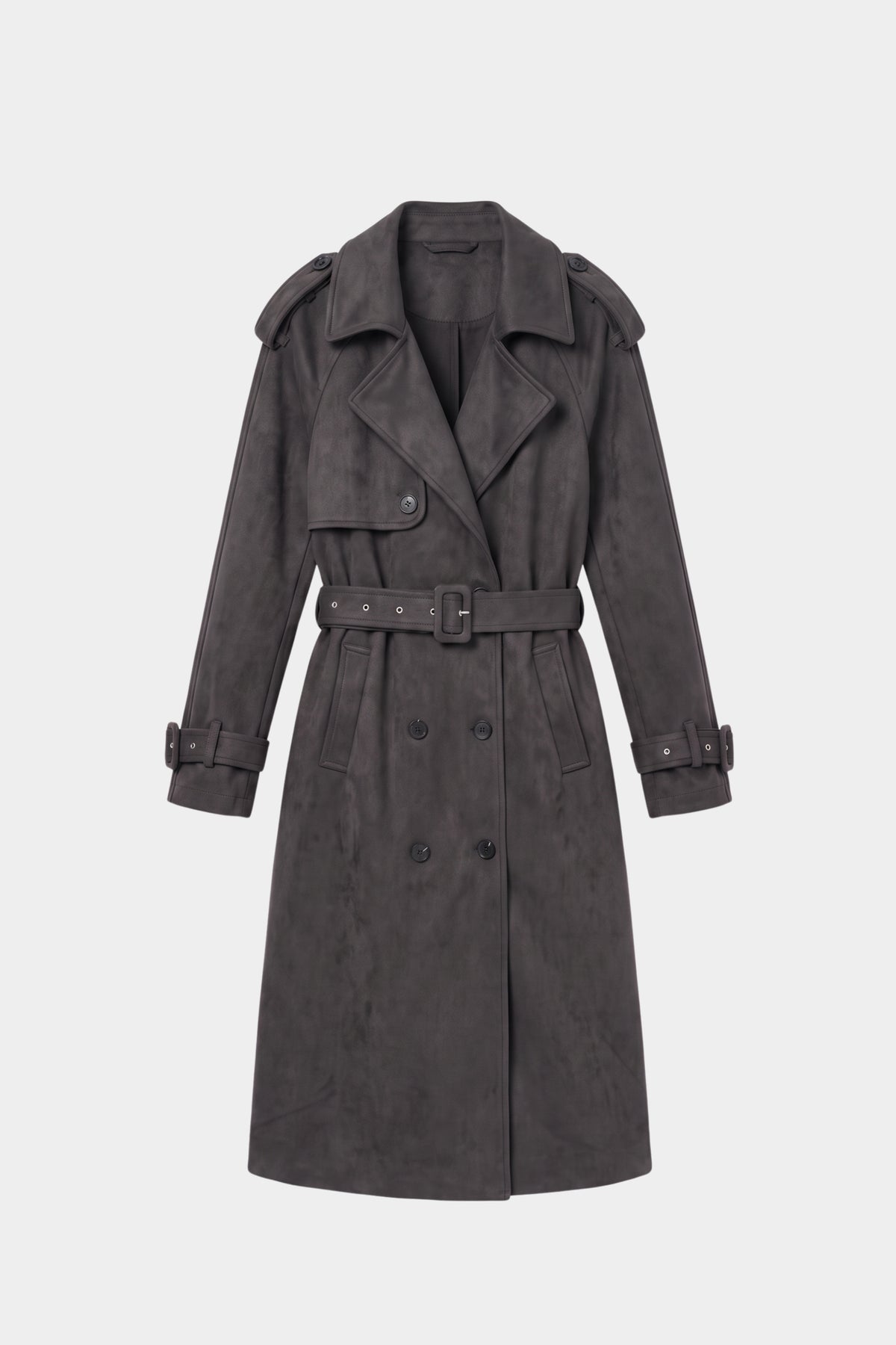 Charcoal knitwear and outerwear piece, flat product shot, front