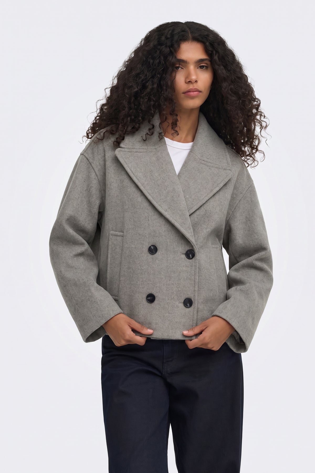 Light grey Wool Coat Short Double Breasted Women