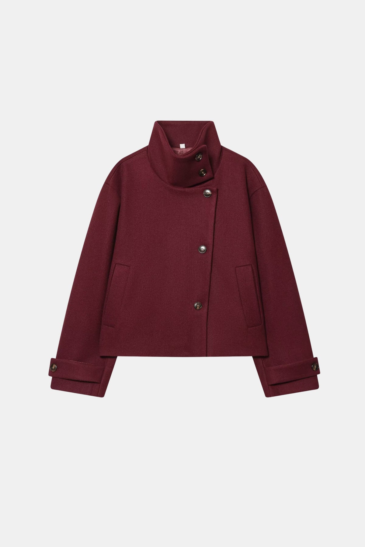 Wool Burgundy Jacket Cropped Funnel Neck Women