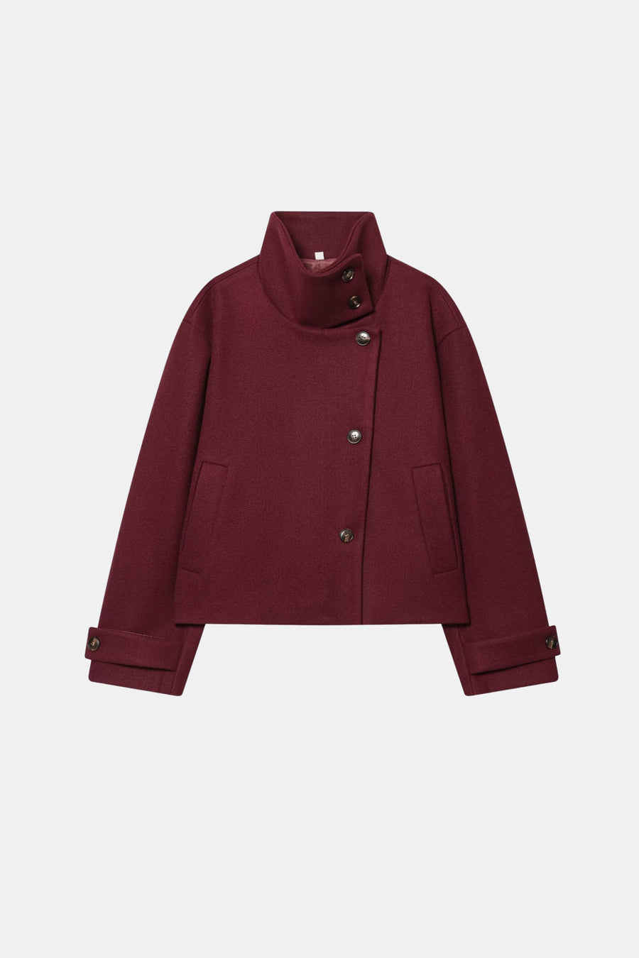 Wool Burgundy Jacket Cropped Funnel Neck Women