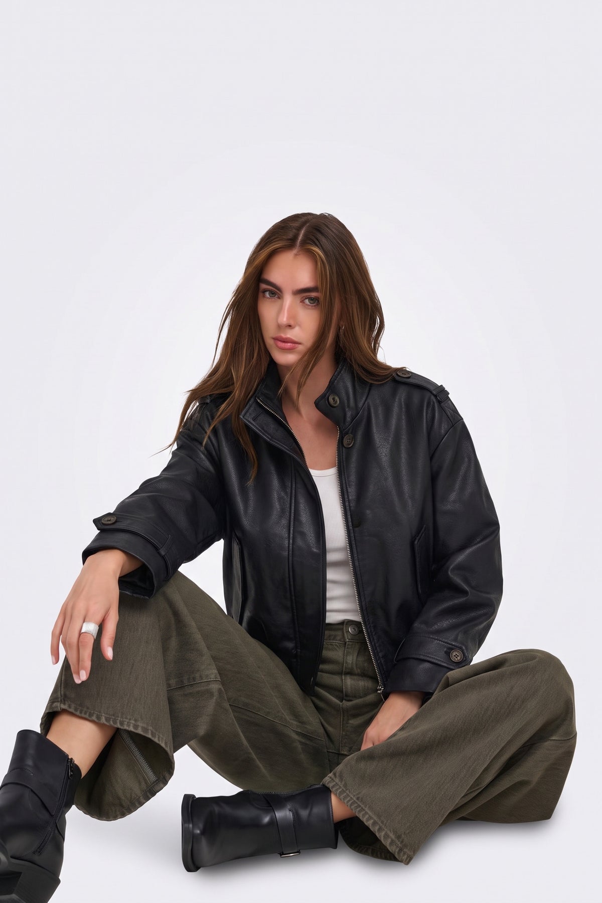 Faux Leather Jacket Black Cropped Funnel Neck Women