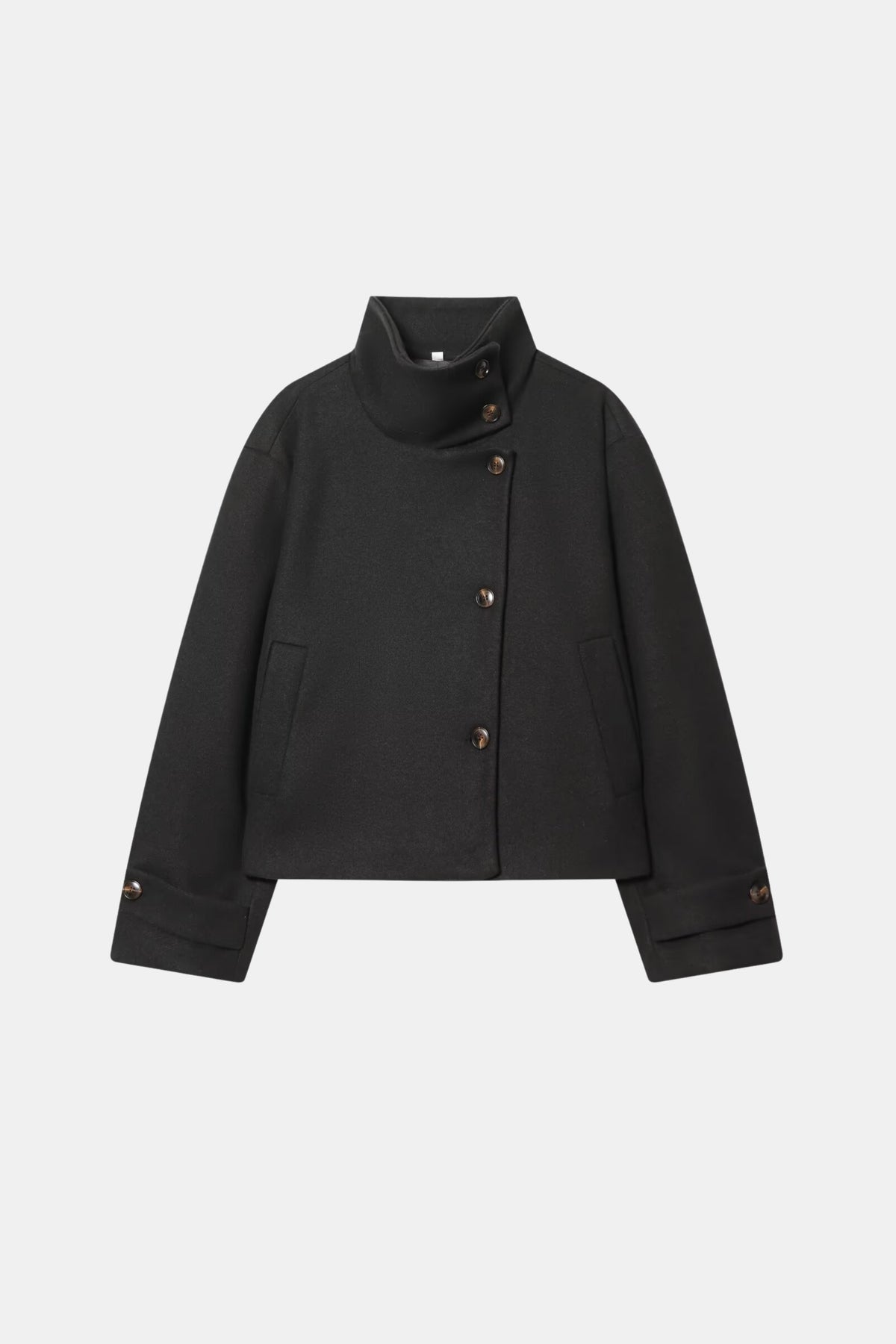 Wool Black Jacket Cropped Funnel Neck Women