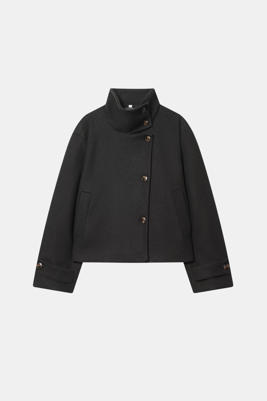 Wool Black Jacket Cropped Funnel Neck Women