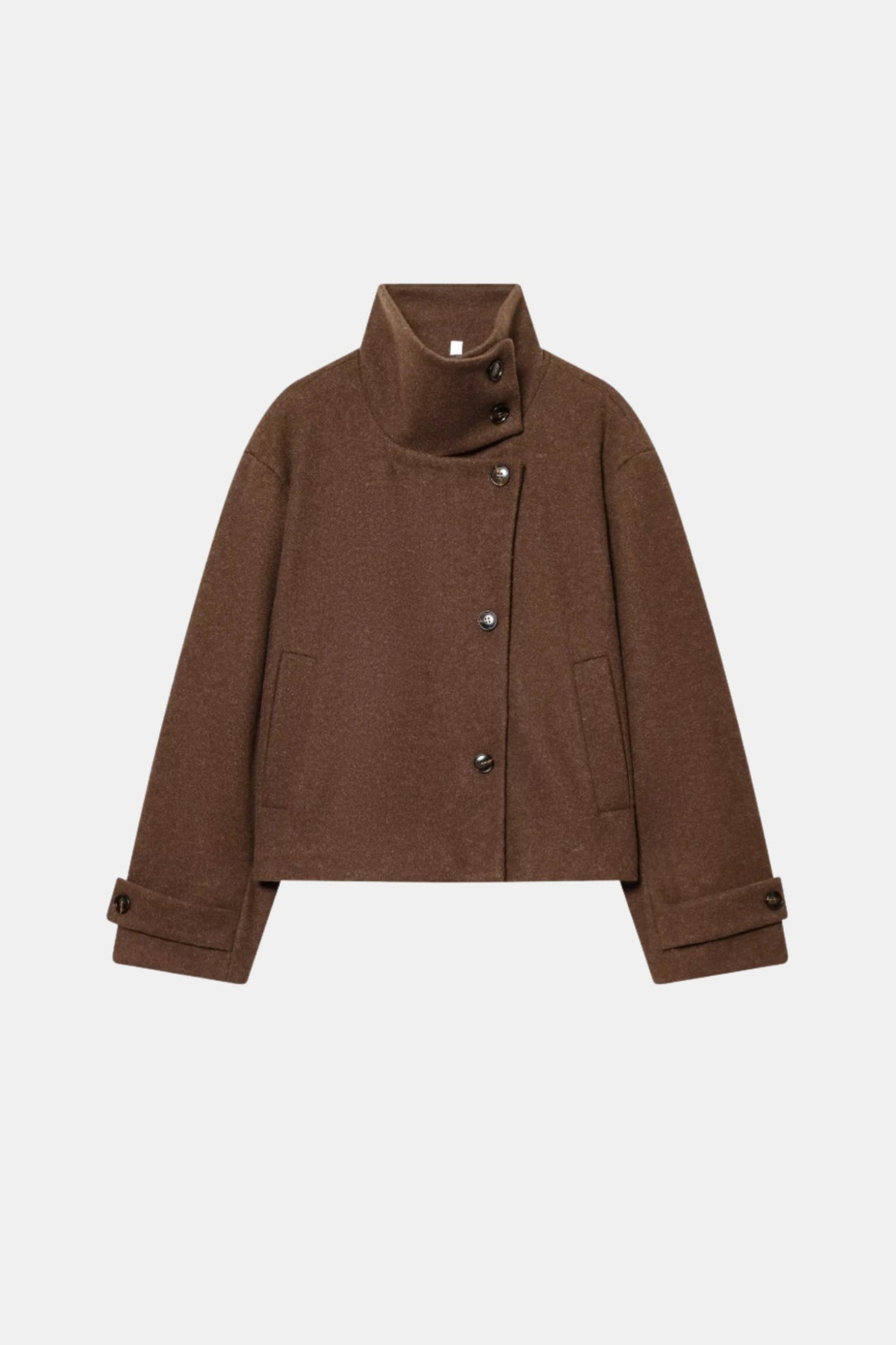 Wool Brown Jacket Cropped Funnel Neck Women