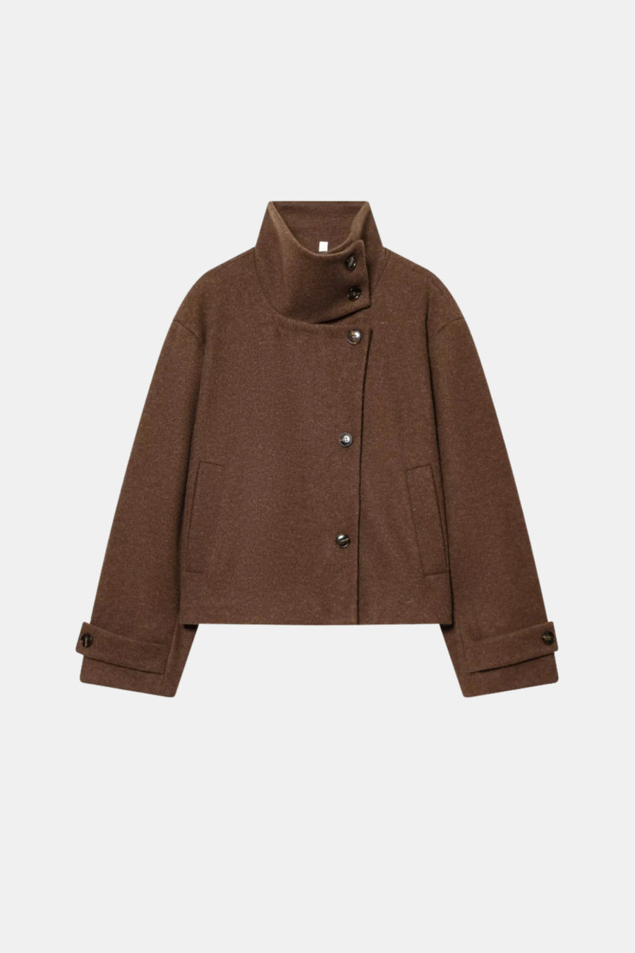 Wool Brown Jacket Cropped Funnel Neck Women