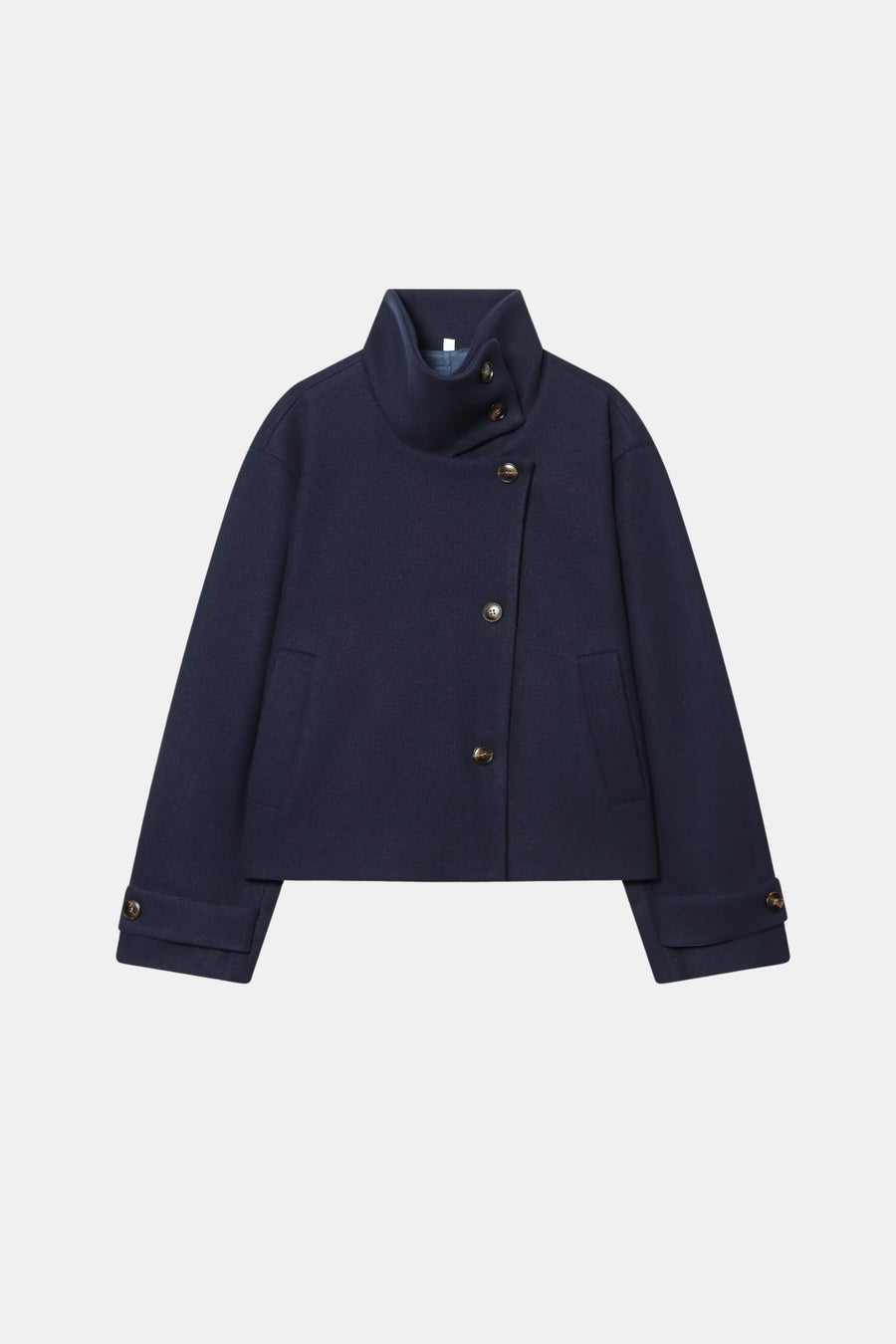 Wool Navy Jacket Cropped Funnel Neck Women