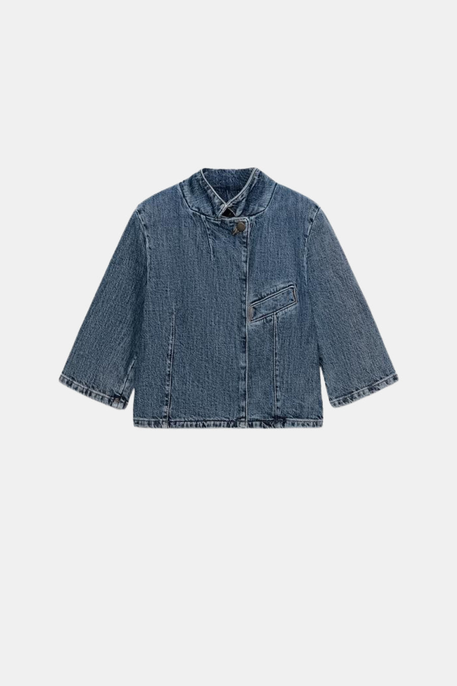 Collarless Denim Jacket Blue Cropped Women