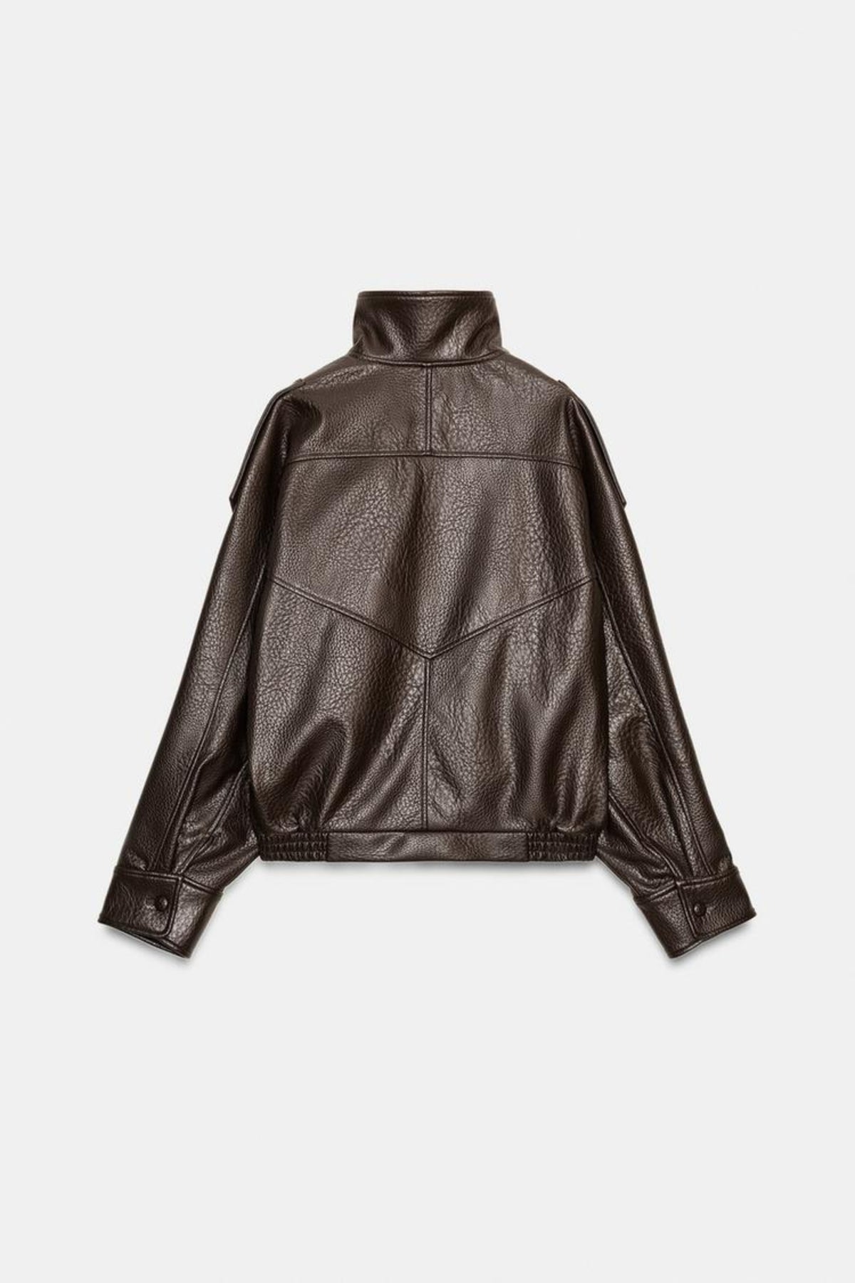 Faux Leather Jacket Brown Funnel Neck Women