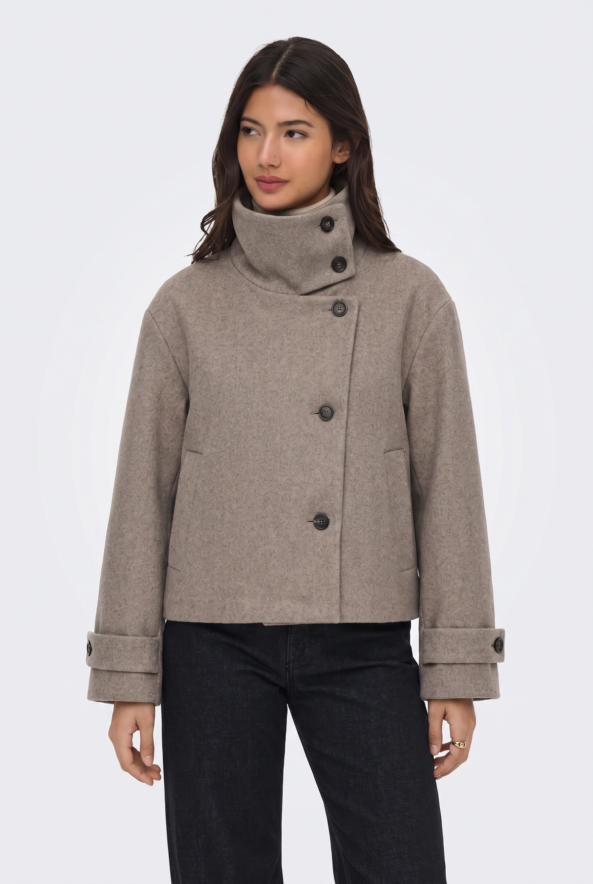 Wool Camel Jacket Cropped Funnel Neck Women