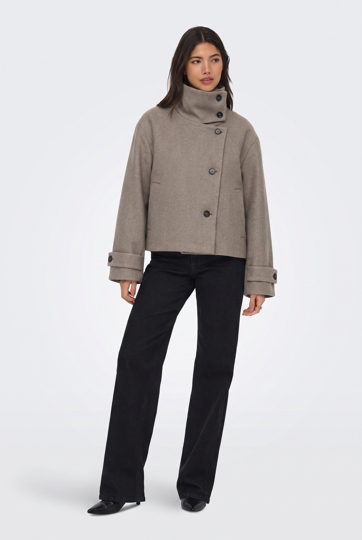Wool Camel Jacket Cropped Funnel Neck Women