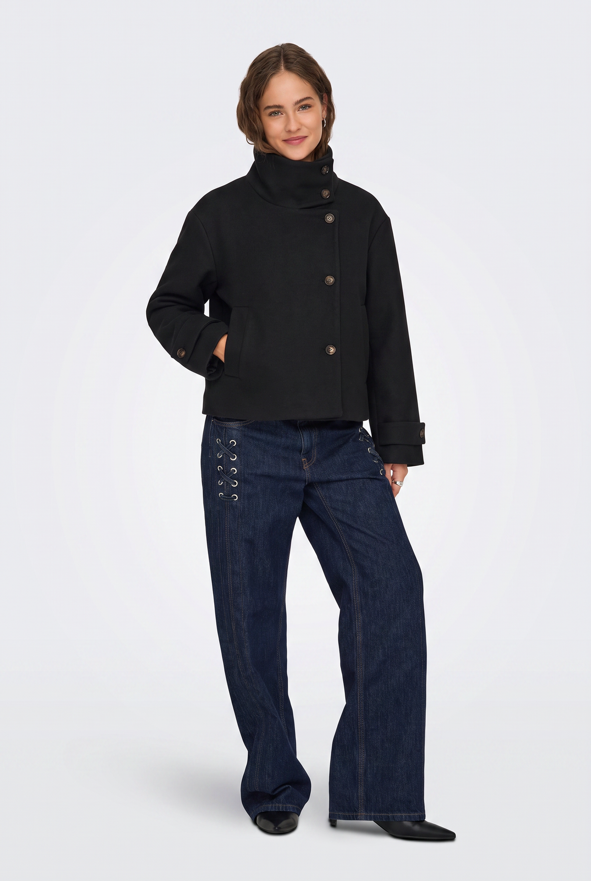 Wool Black Jacket Cropped Funnel Neck Women
