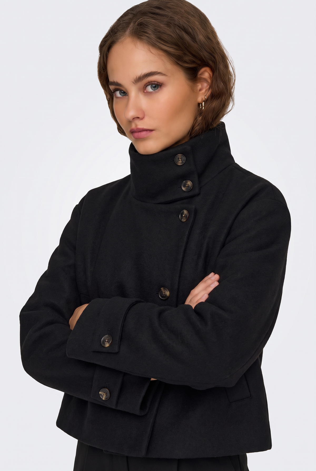 Wool Black Jacket Cropped Funnel Neck Women