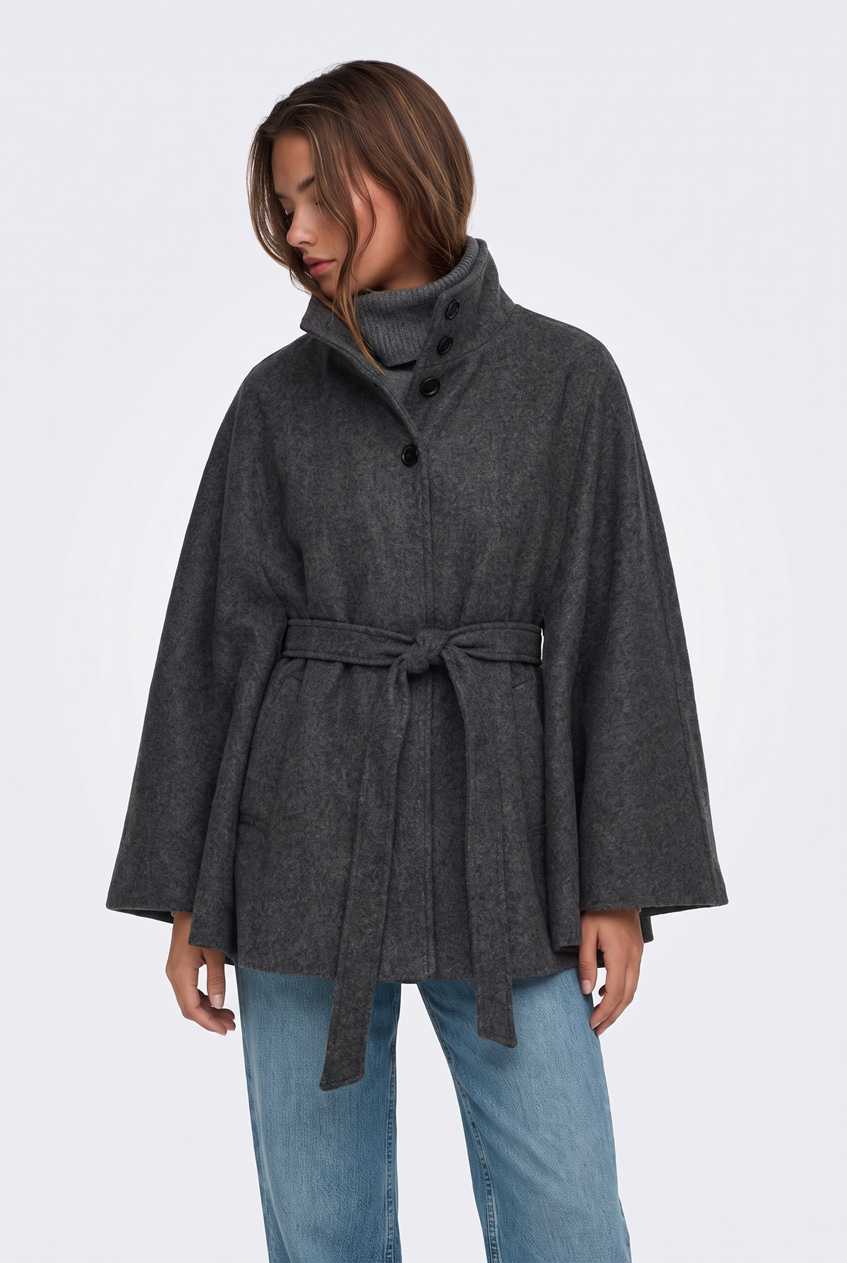 Wool Cape Coat Grey Belted Women