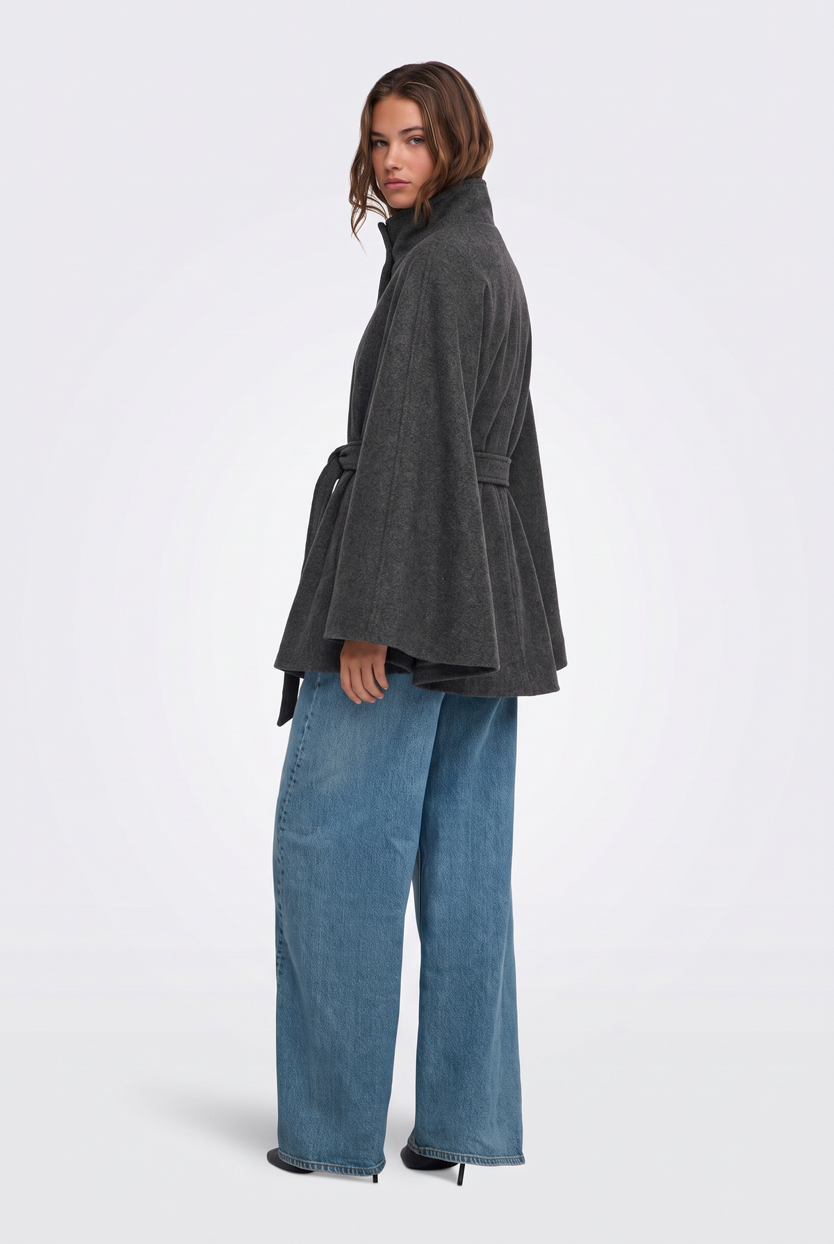 Wool Cape Coat Grey Belted Women