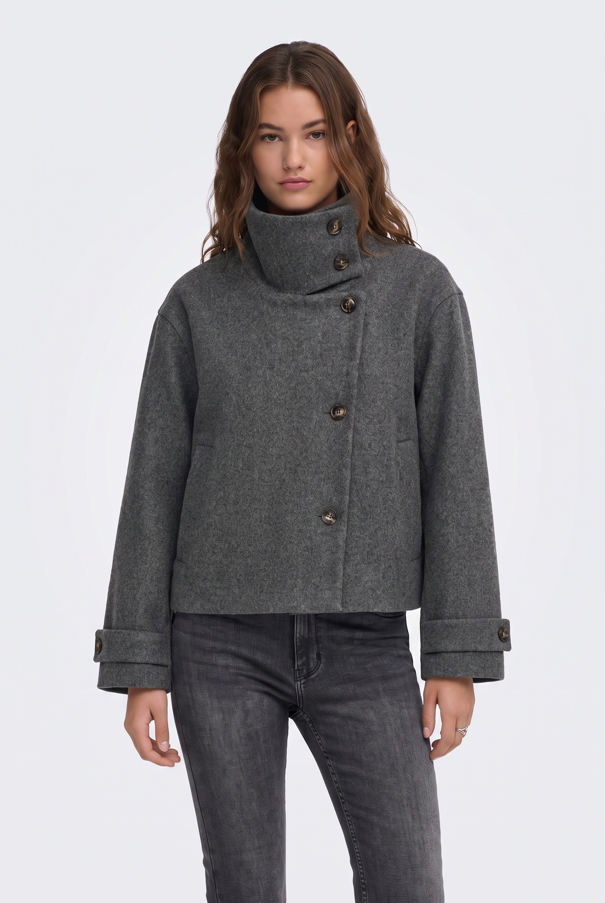 Wool Grey Jacket Cropped Funnel Neck Women