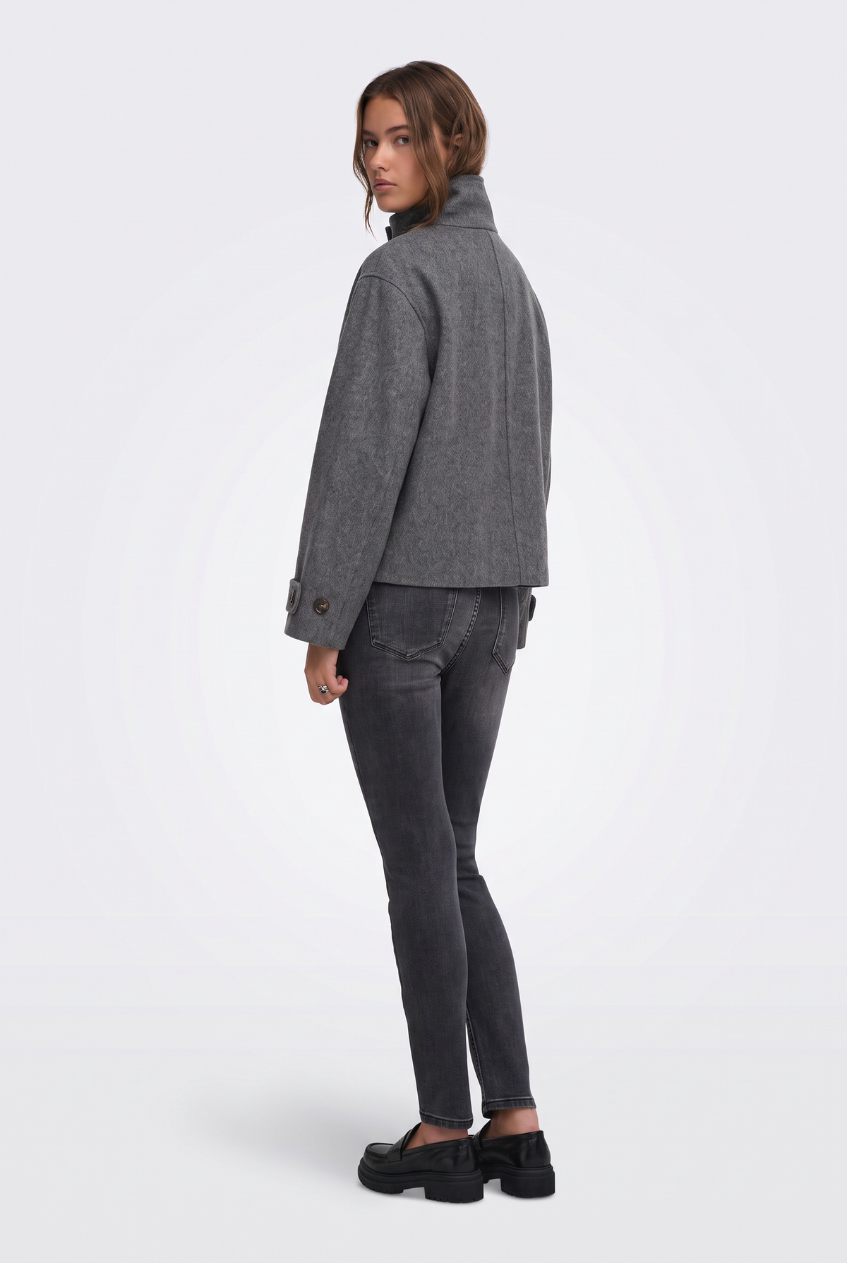 Wool Grey Jacket Cropped Funnel Neck Women