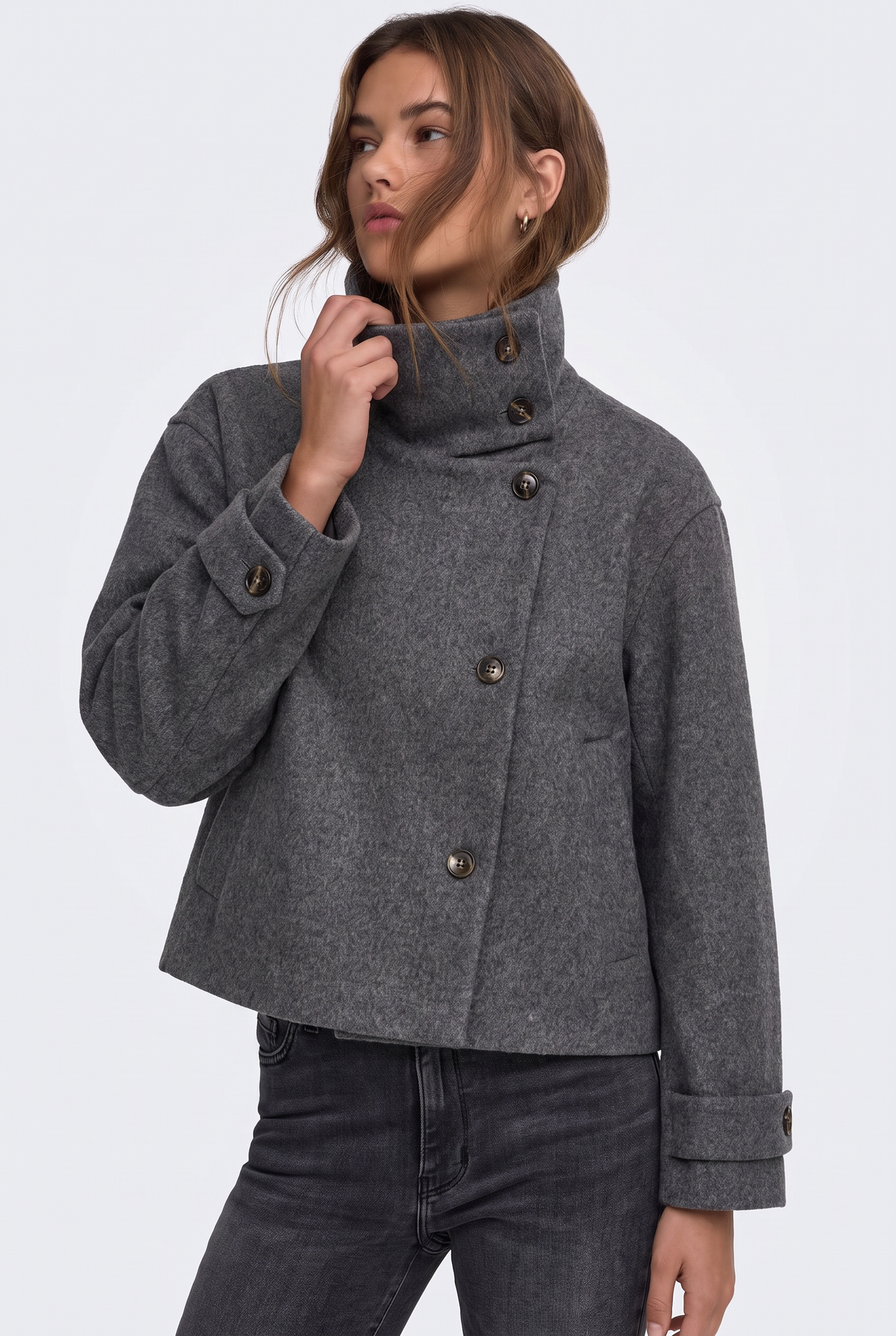 Wool Grey Jacket Cropped Funnel Neck Women