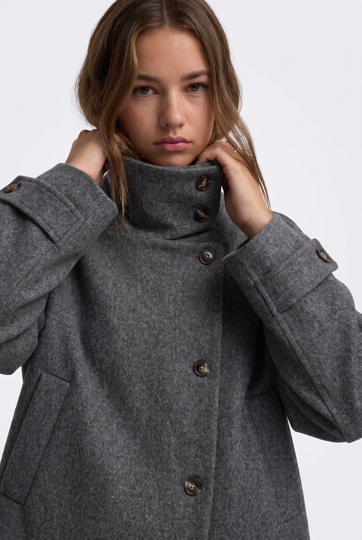 Wool Grey Jacket Cropped Funnel Neck Women