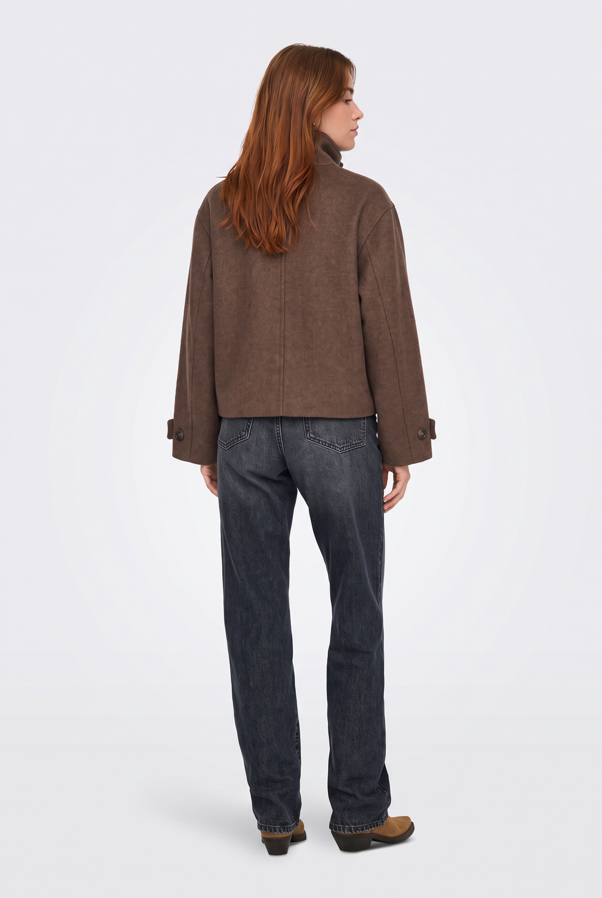 Wool Brown Jacket Cropped Funnel Neck Women
