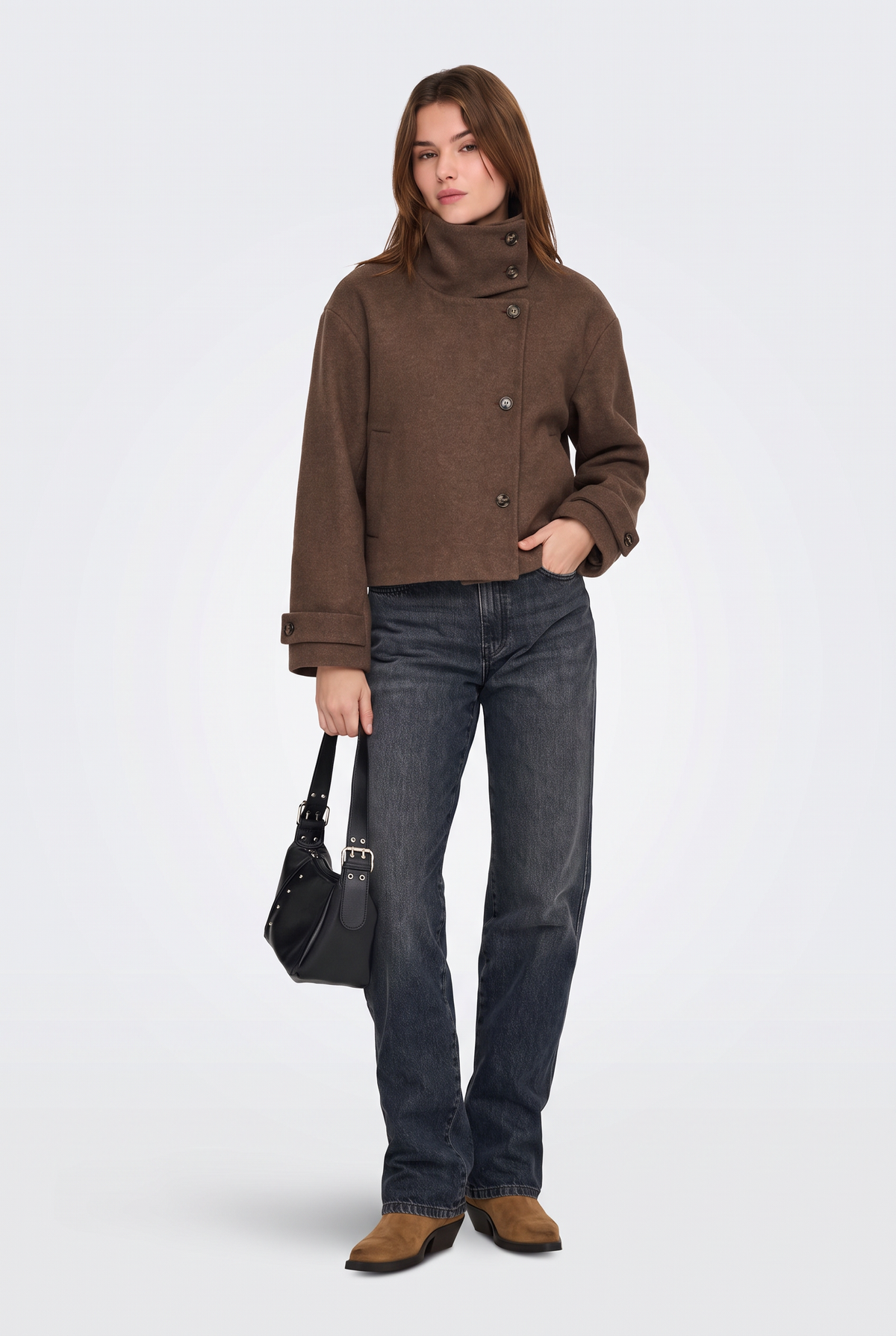 Wool Brown Jacket Cropped Funnel Neck Women