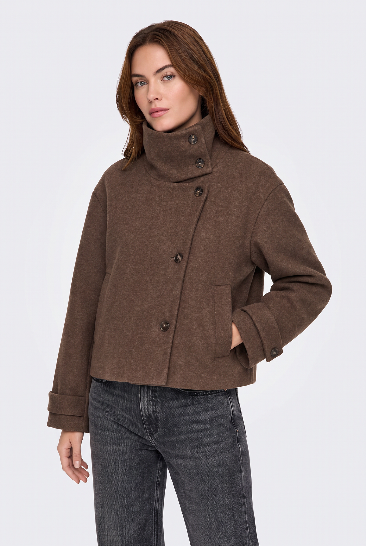Wool Brown Jacket Cropped Funnel Neck Women