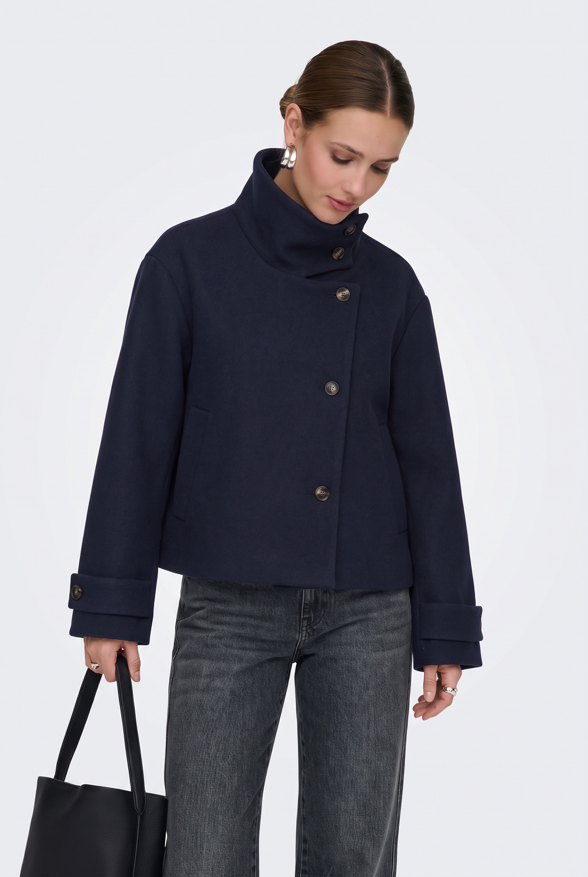 Wool Navy Jacket Cropped Funnel Neck Women