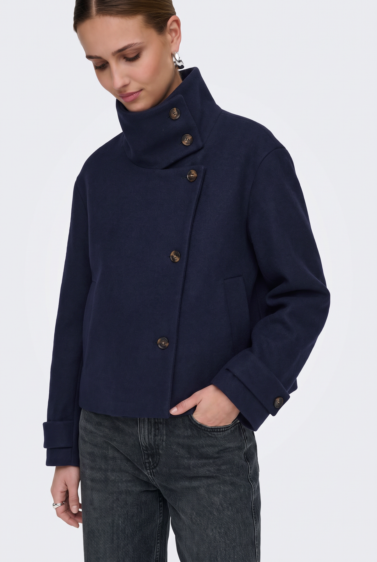 Wool Navy Jacket Cropped Funnel Neck Women