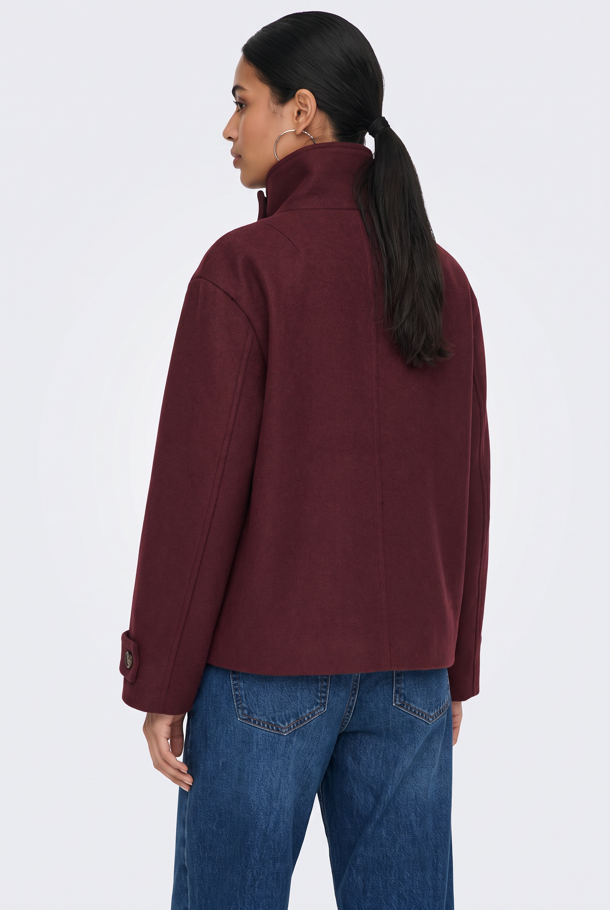 Wool Burgundy Jacket Cropped Funnel Neck Women