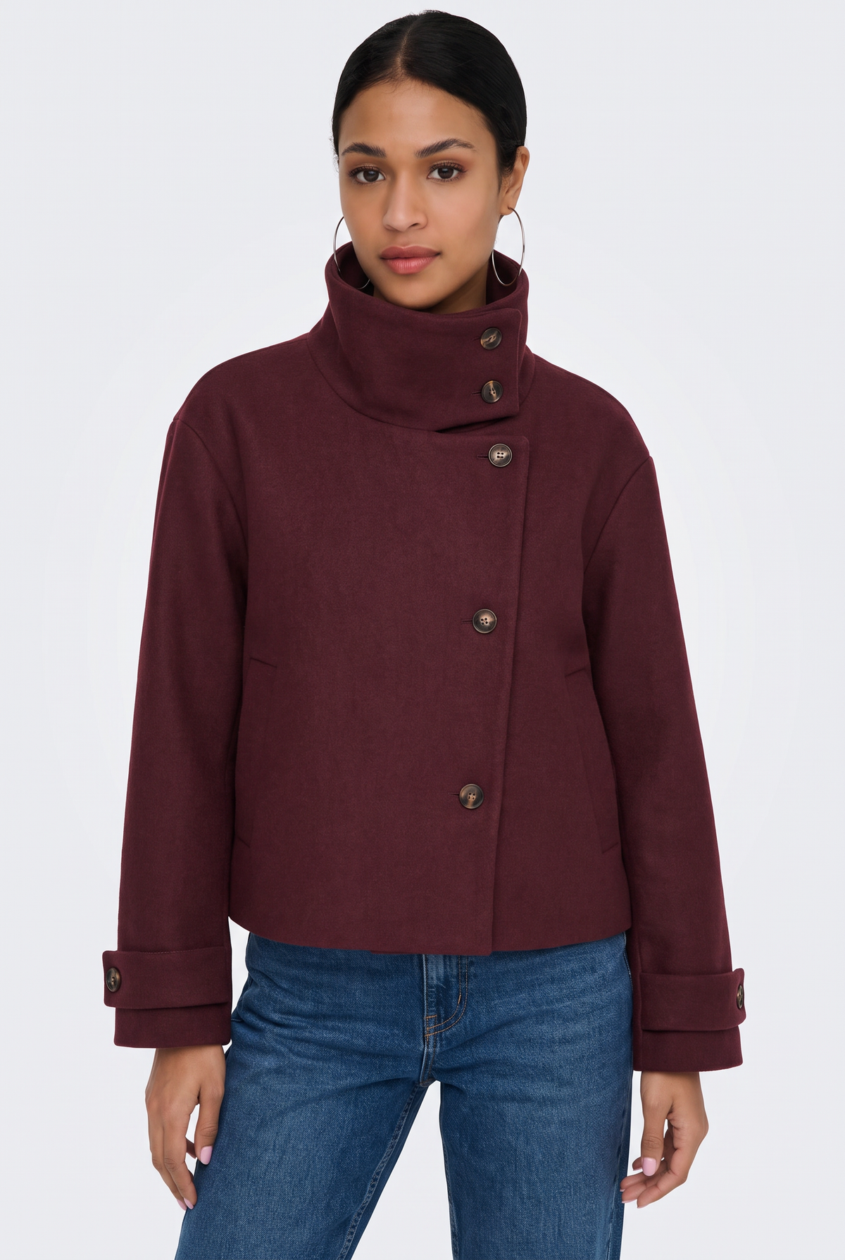 Wool Burgundy Jacket Cropped Funnel Neck Women