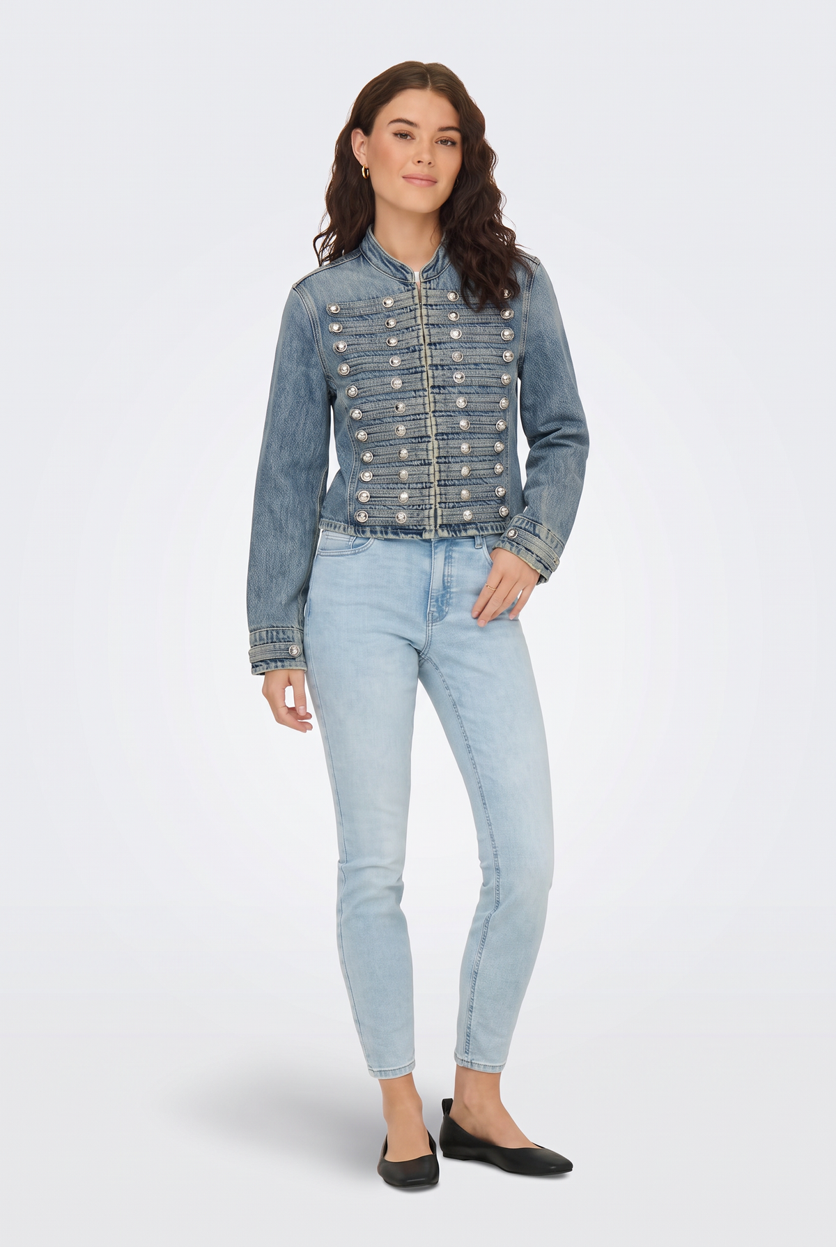 Military Denim Jacket Blue Fitted Cropped Women