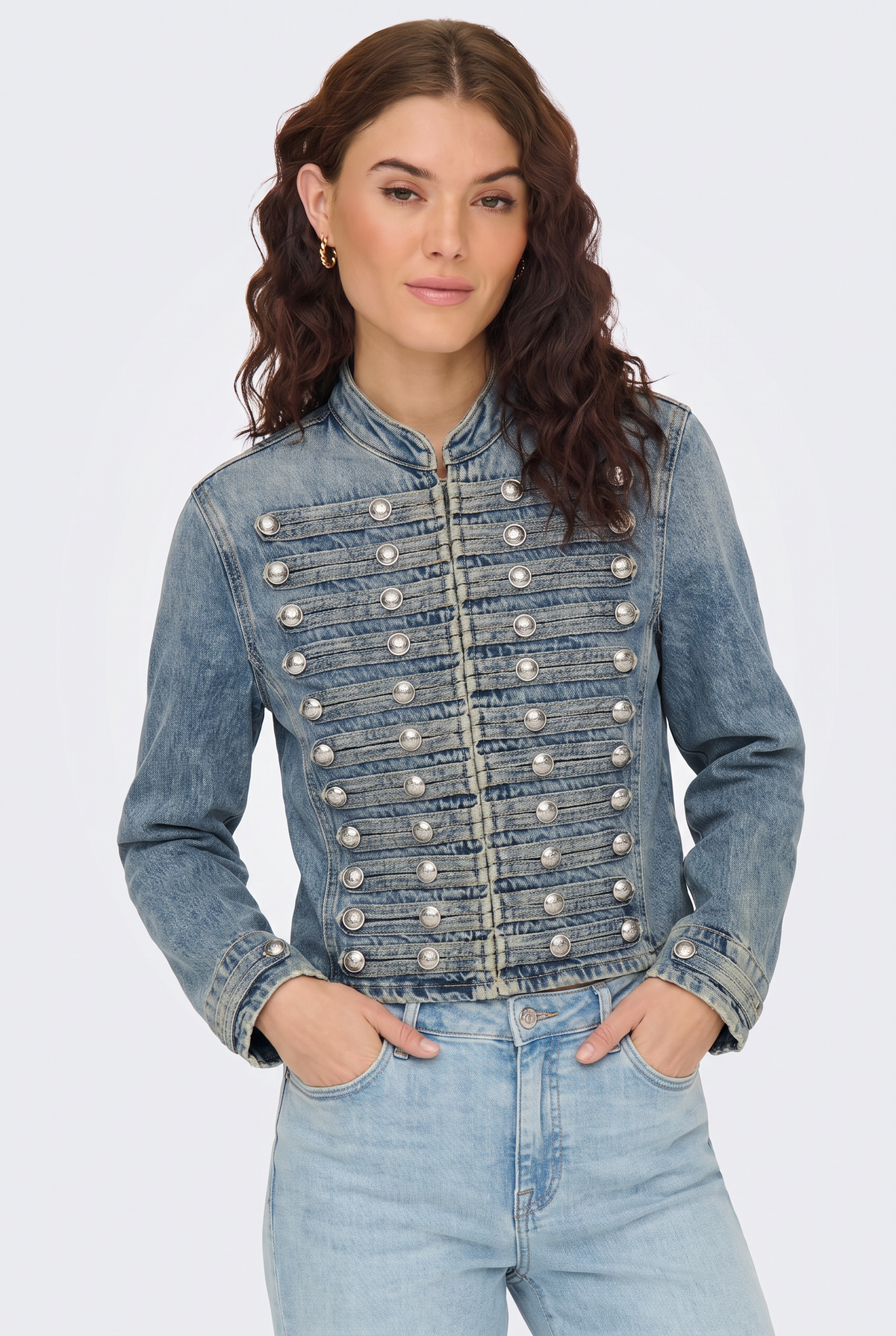 Military Denim Jacket Blue Fitted Cropped Women