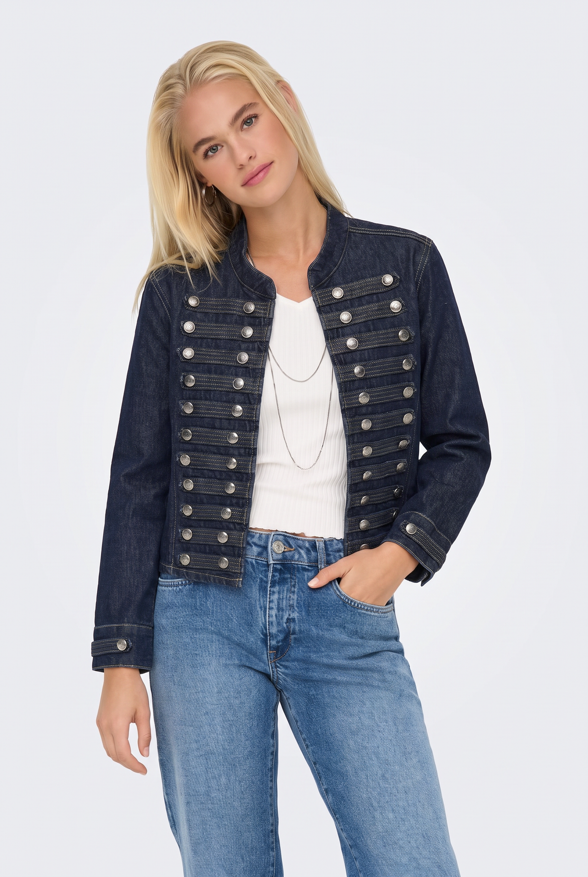 Military Denim Jacket Navy Fitted Cropped Women