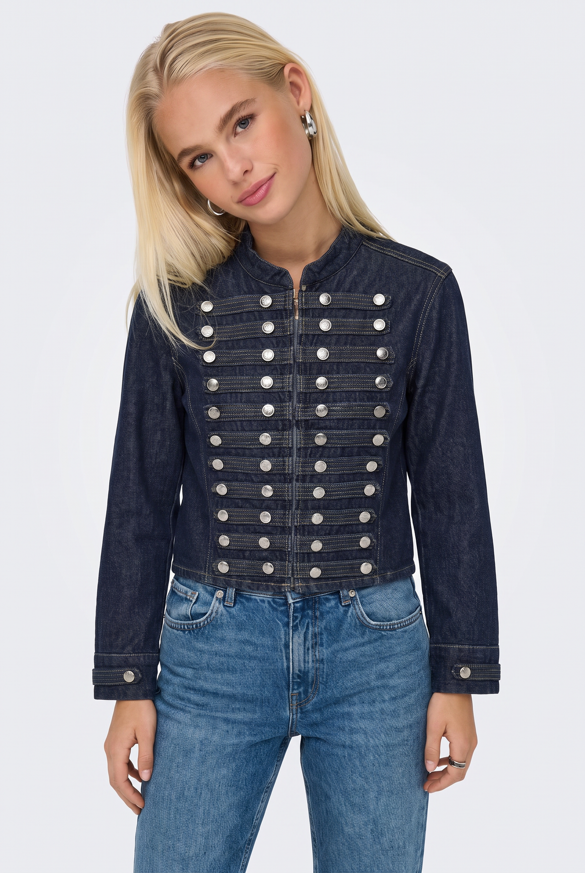 Military Denim Jacket Navy Fitted Cropped Women