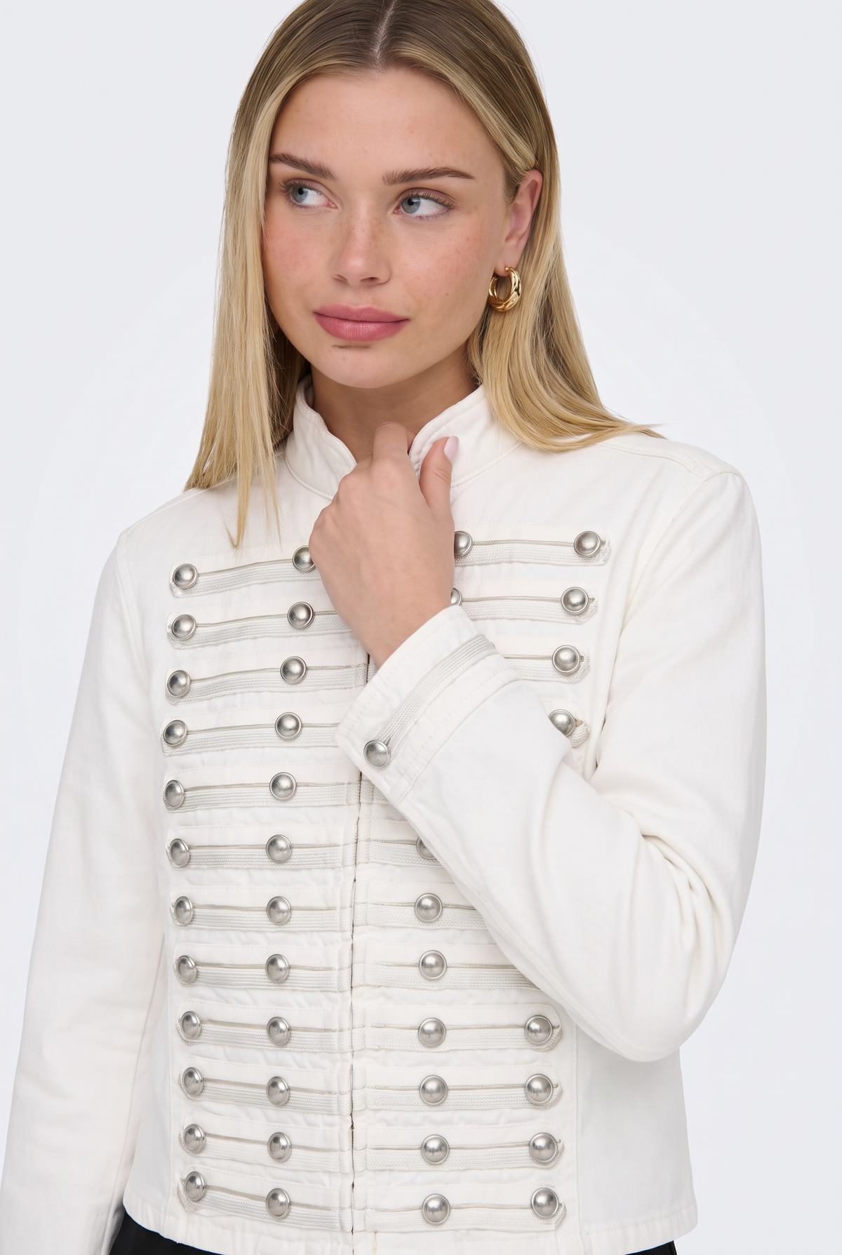 White Denim Jacket Military Fitted Cropped Women